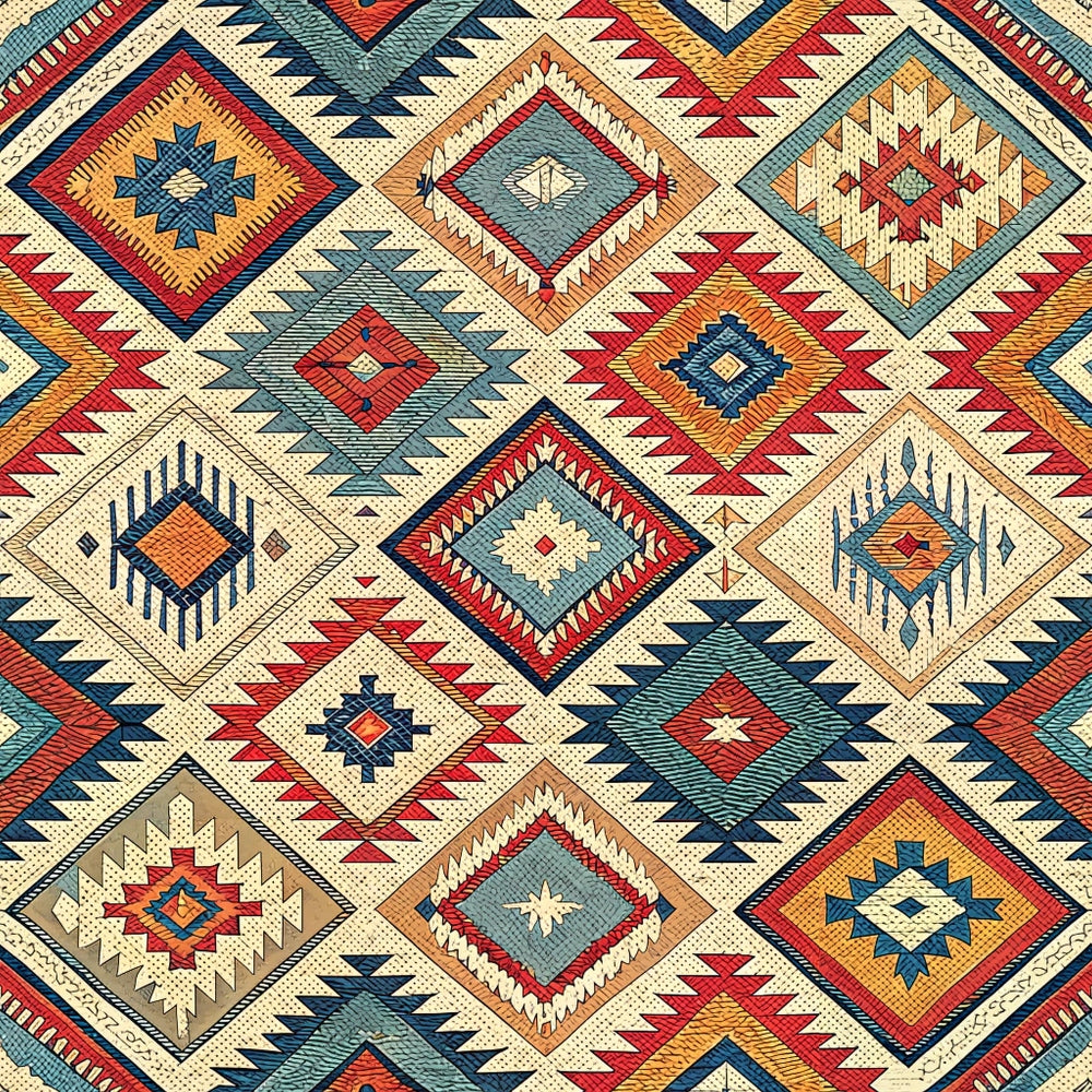 A geometric pattern featuring diamond shapes in red, blue, yellow, and beige tones. The design repeats across the surface, resembling a traditional woven textile or rug.