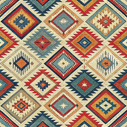 A geometric pattern featuring diamond shapes in red, blue, yellow, and beige tones. The design repeats across the surface, resembling a traditional woven textile or rug.