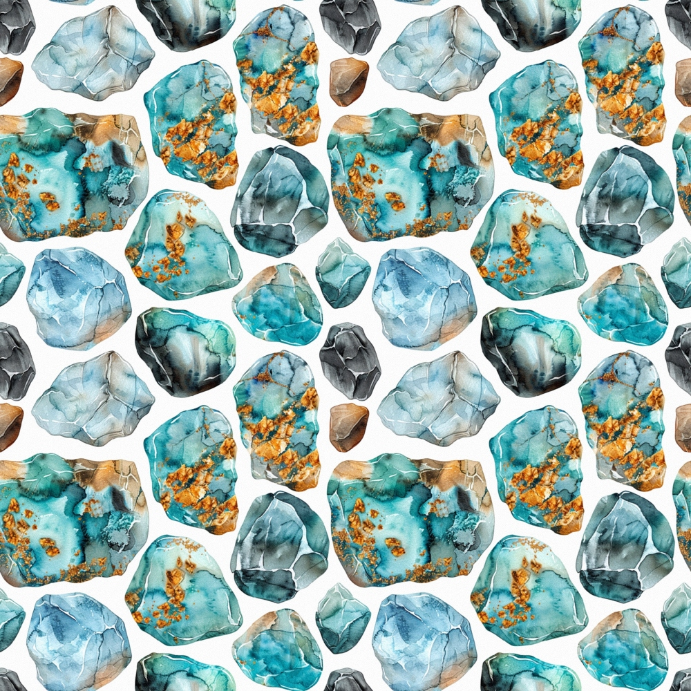 Pattern featuring various watercolor gemstones in shades of blue, orange, and gray on a white background.