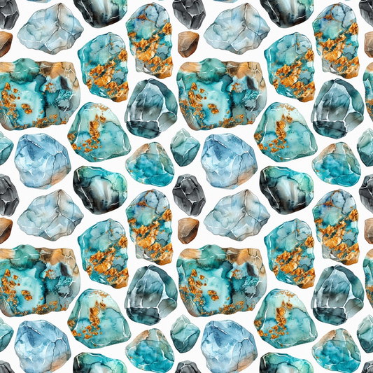 Pattern featuring various watercolor gemstones in shades of blue, orange, and gray on a white background.