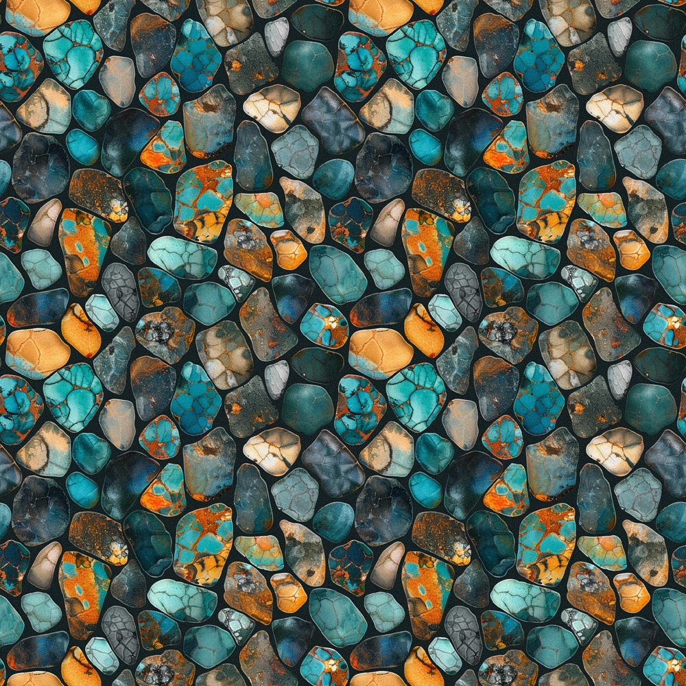 A vibrant pattern of colorful, polished stones in shades of teal, orange, and gray, arranged in a seamless, mosaic-like design.