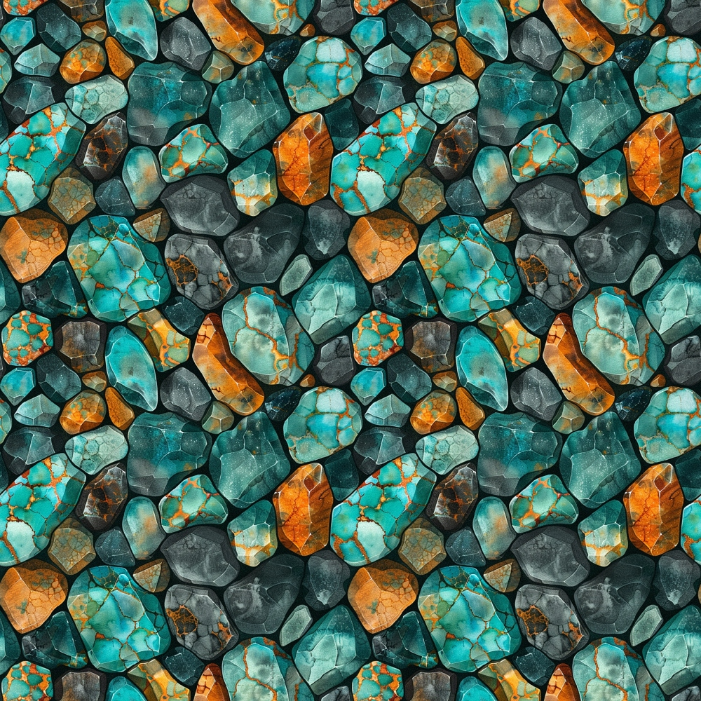 Pattern of assorted turquoise, orange, and dark gray stones with various sizes and shapes, forming a seamless, textured surface.