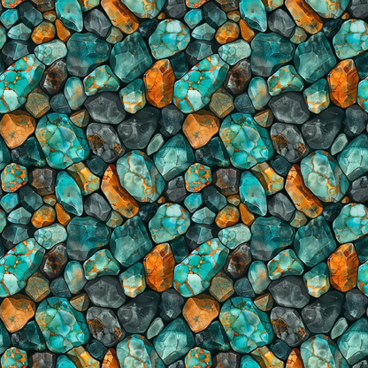 Pattern of assorted turquoise, orange, and dark gray stones with various sizes and shapes, forming a seamless, textured surface.