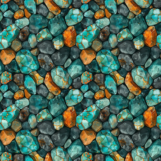 Pattern of assorted turquoise, orange, and dark gray stones with various sizes and shapes, forming a seamless, textured surface.