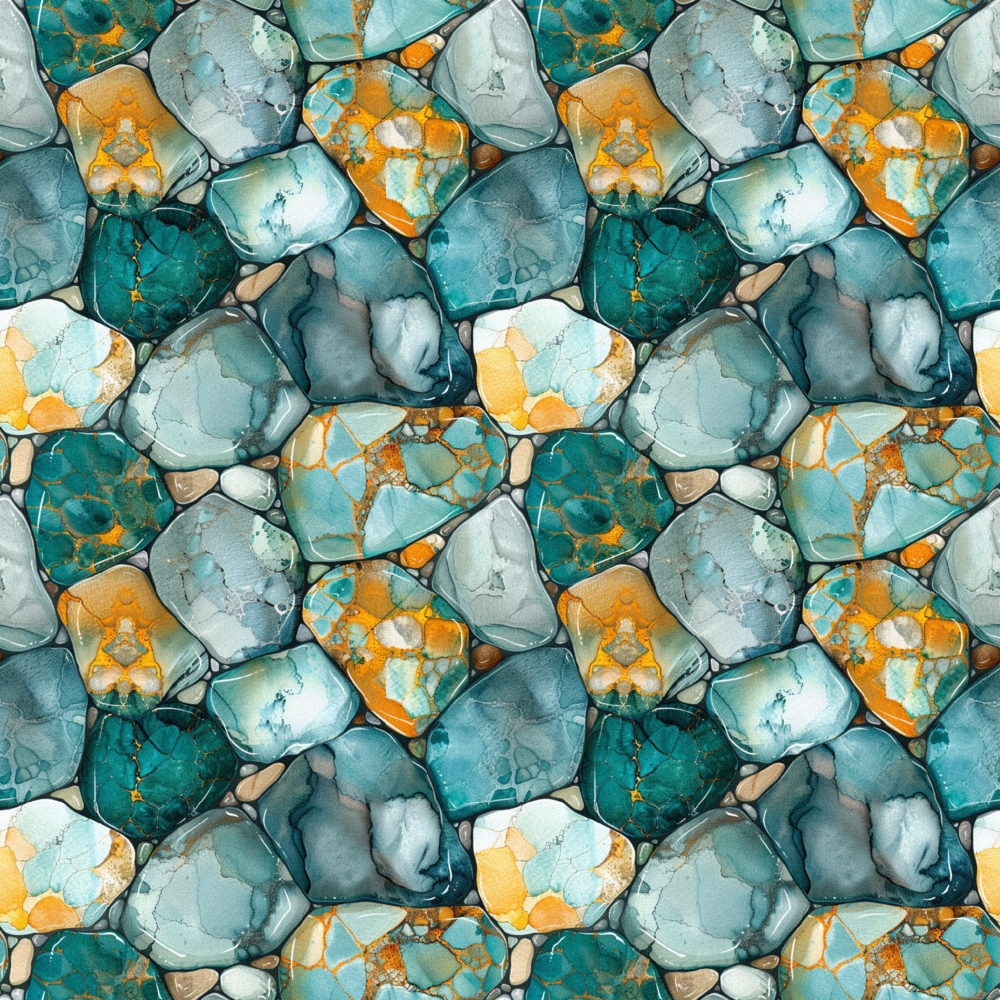 Abstract pattern with hexagonal shapes in teal, gray, and orange tones, resembling a mosaic or stained glass texture.