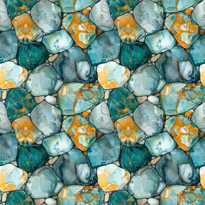 Abstract pattern with hexagonal shapes in teal, gray, and orange tones, resembling a mosaic or stained glass texture.