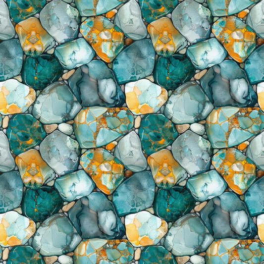 Abstract pattern with hexagonal shapes in teal, gray, and orange tones, resembling a mosaic or stained glass texture.