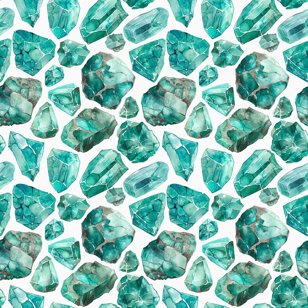 Pattern of watercolor teal gemstones in various shapes on a white background.