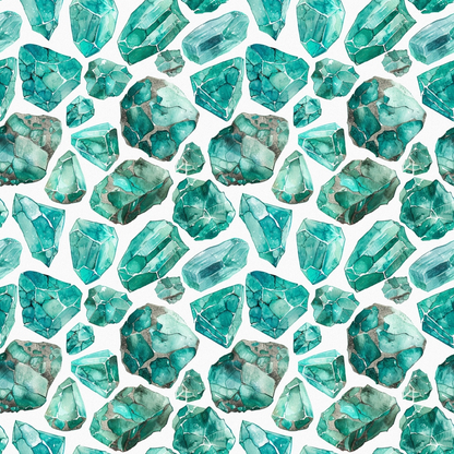 Pattern of watercolor teal gemstones in various shapes on a white background.