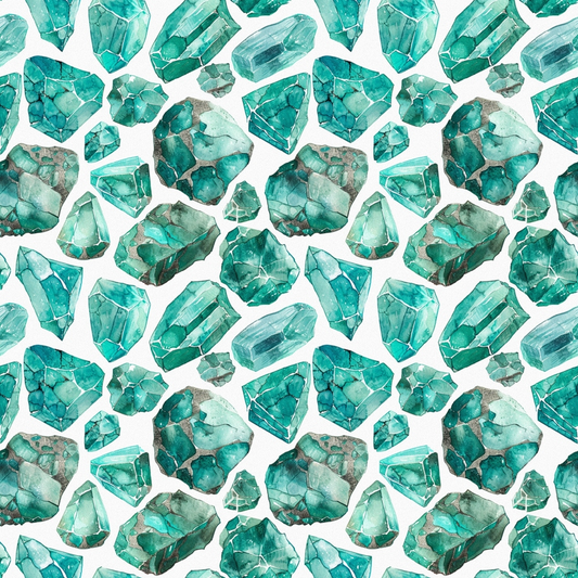 Pattern of watercolor teal gemstones in various shapes on a white background.