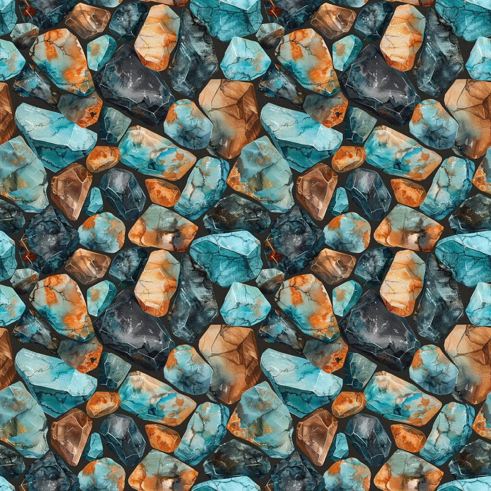 Seamless pattern of variously shaped and colored rocks in blue, brown, and gray tones, closely packed together.