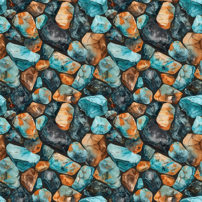 Seamless pattern of variously shaped and colored rocks in blue, brown, and gray tones, closely packed together.