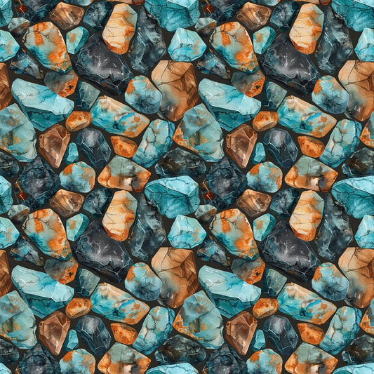 Seamless pattern of variously shaped and colored rocks in blue, brown, and gray tones, closely packed together.