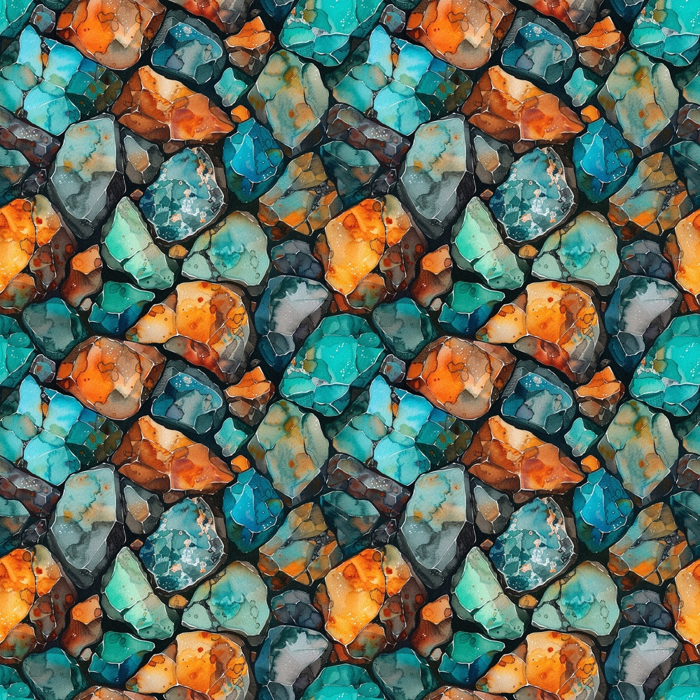 A seamless pattern of colorful gemstones, featuring vibrant turquoise and orange hues.