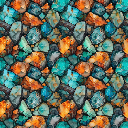 A seamless pattern of colorful gemstones, featuring vibrant turquoise and orange hues.