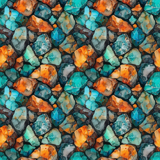 A seamless pattern of colorful gemstones, featuring vibrant turquoise and orange hues.