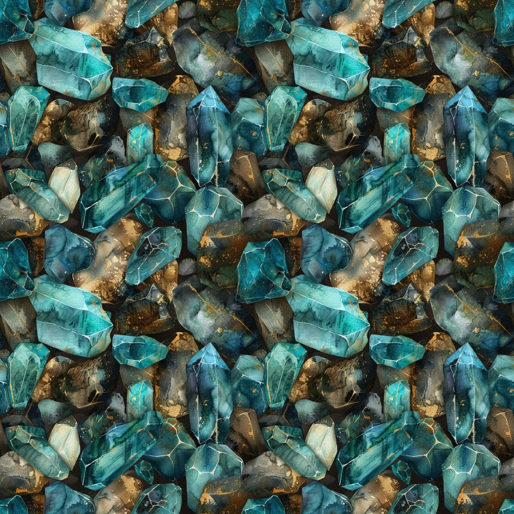 A pattern of various blue and brown crystals arranged closely together, showcasing their multifaceted surfaces and natural formations.