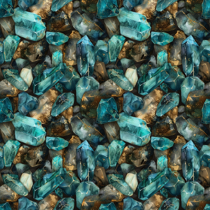 A pattern of various blue and brown crystals arranged closely together, showcasing their multifaceted surfaces and natural formations.