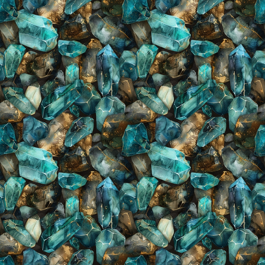 A pattern of various blue and brown crystals arranged closely together, showcasing their multifaceted surfaces and natural formations.