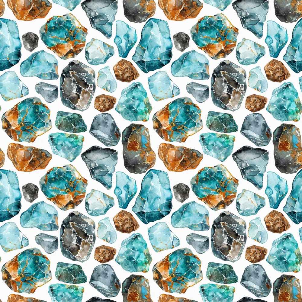 Seamless pattern of watercolor gemstones in blue, orange, gray, and brown shades on a white background.