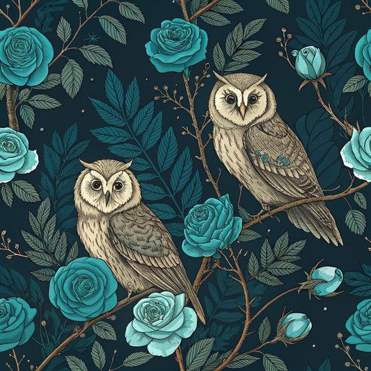 Turquoise Night Birds Pattern 13 Quilting Cotton Fabric