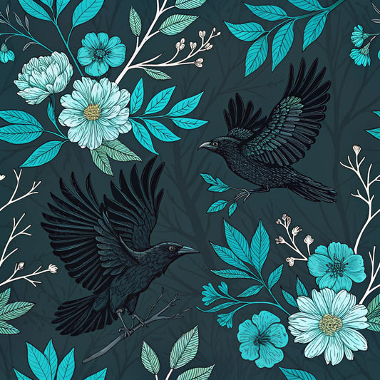 Turquoise Night Birds Pattern 24 Quilting Cotton Fabric