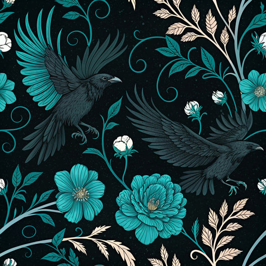 Turquoise Night Birds Pattern 26 Quilting Cotton Fabric