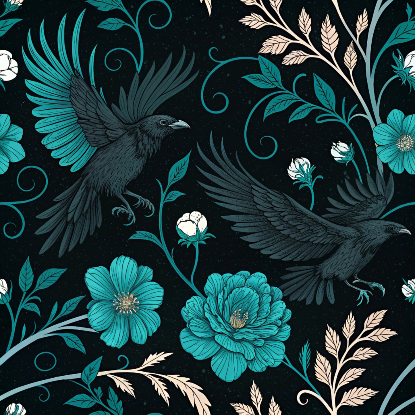Turquoise Night Birds Pattern 26 Quilting Cotton Fabric