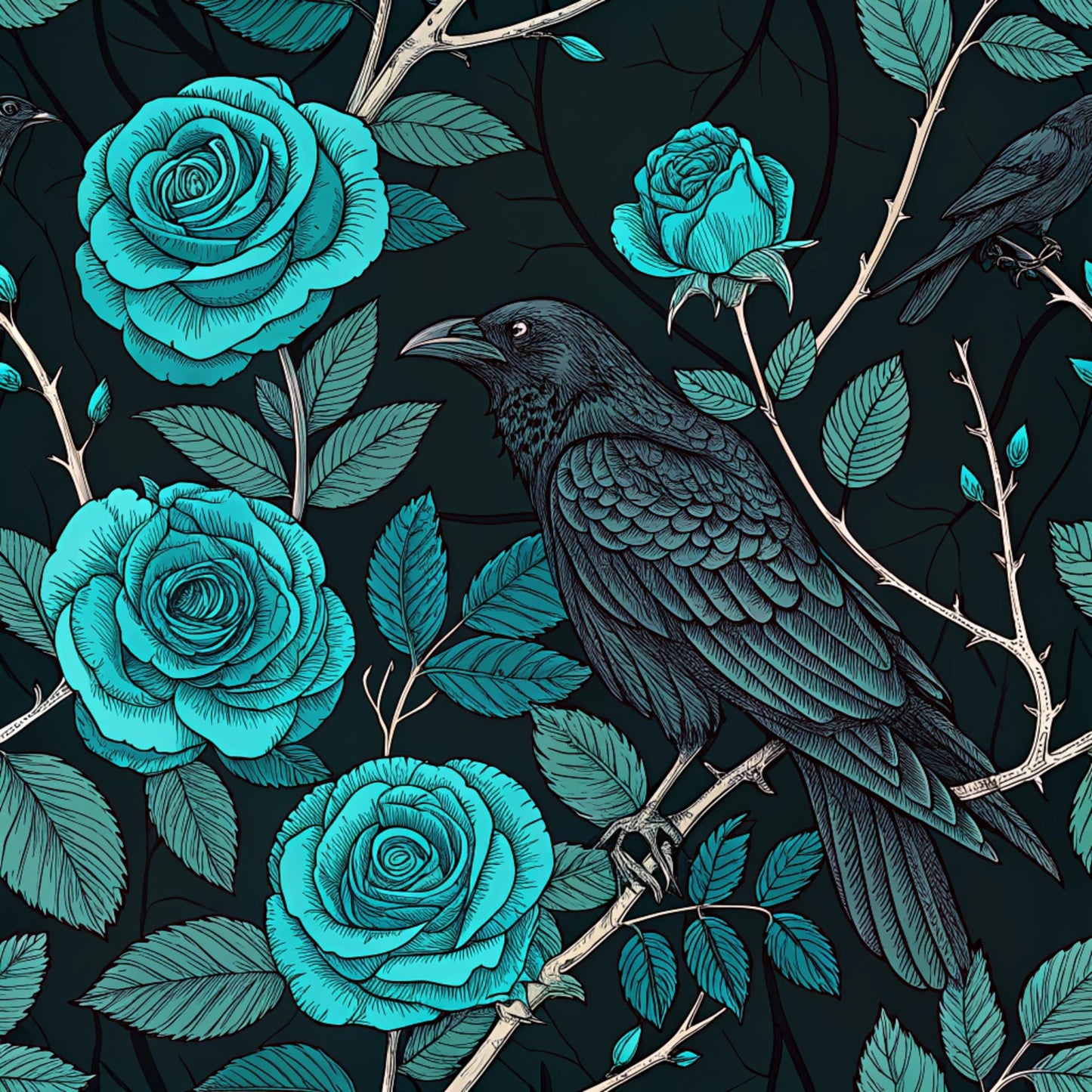 Turquoise Night Birds Pattern 29 Quilting Cotton Fabric