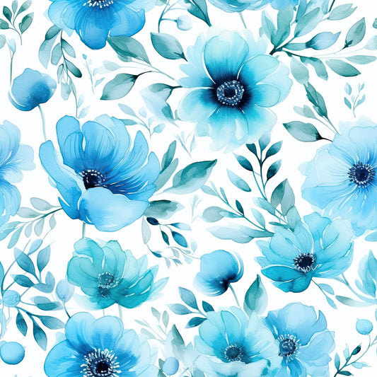 Turquoise Watercolor Flower Pattern 1 Quilting Cotton Fabric