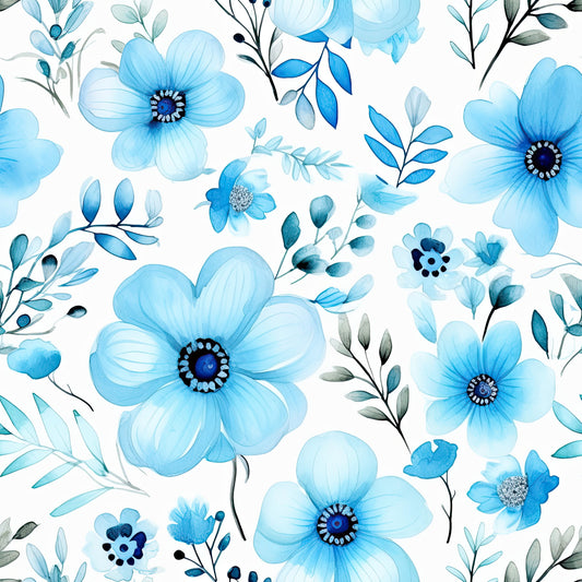 Turquoise Watercolor Flower Pattern 10 Quilting Cotton Fabric
