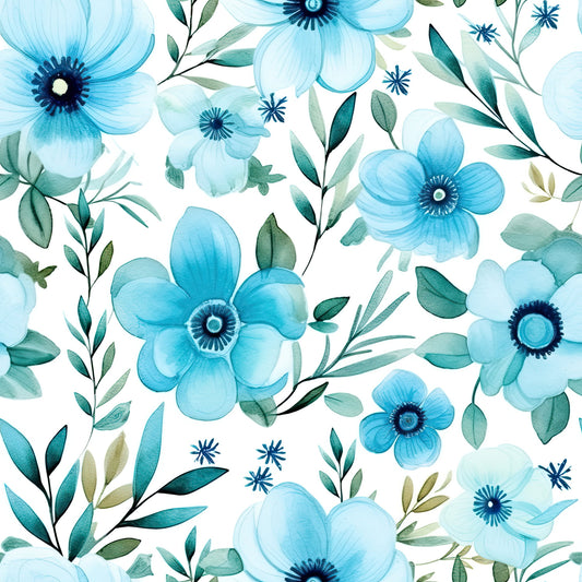 Turquoise Watercolor Flower Pattern 11 Quilting Cotton Fabric