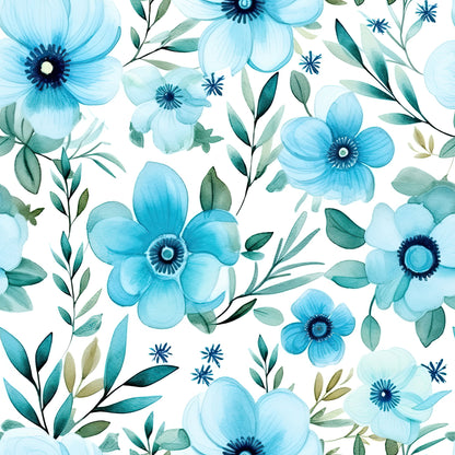 Turquoise Watercolor Flower Pattern 11 Quilting Cotton Fabric