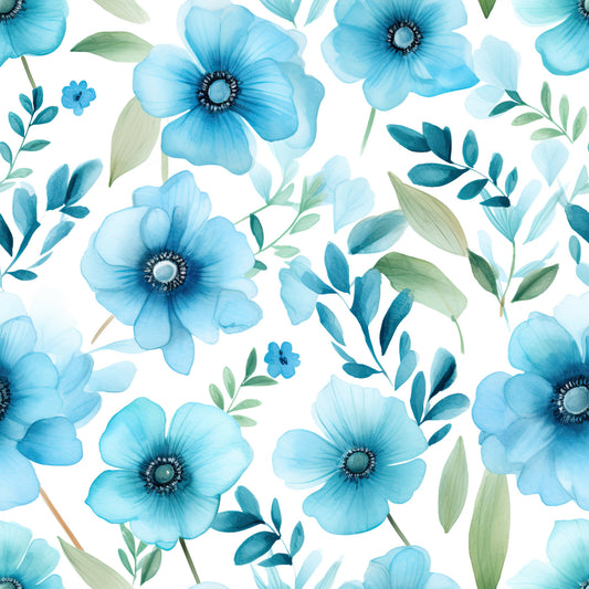 Turquoise Watercolor Flower Pattern 12 Quilting Cotton Fabric