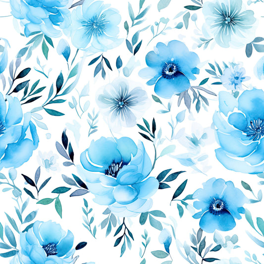 Turquoise Watercolor Flower Pattern 2 Quilting Cotton Fabric