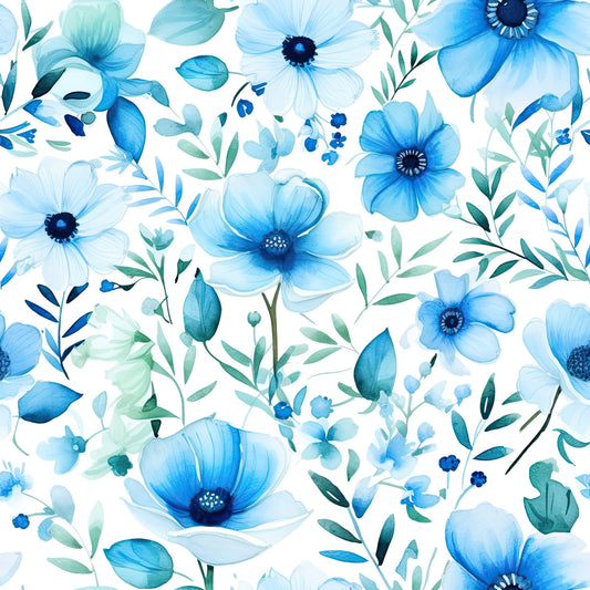 Turquoise Watercolor Flower Pattern 3 Quilting Cotton Fabric