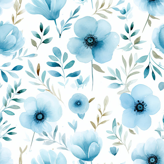 Turquoise Watercolor Flower Pattern 4 Quilting Cotton Fabric