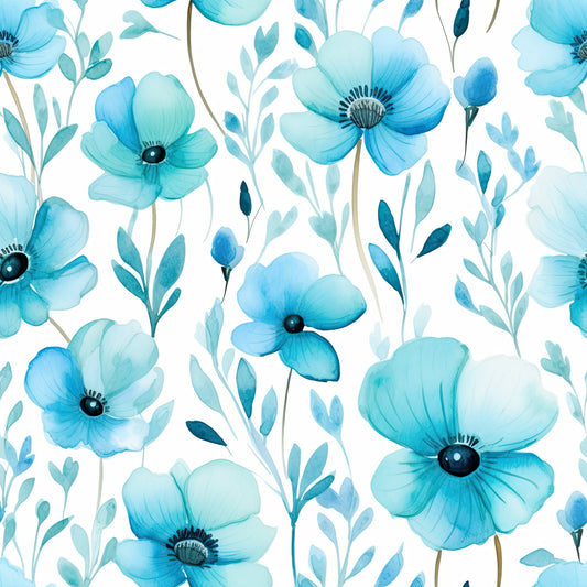 Turquoise Watercolor Flower Pattern 5 Quilting Cotton Fabric