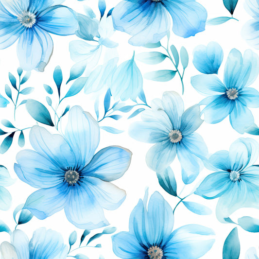Turquoise Watercolor Flower Pattern 6 Quilting Cotton Fabric