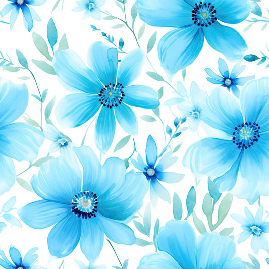 Turquoise Watercolor Flower Pattern 7 Quilting Cotton Fabric