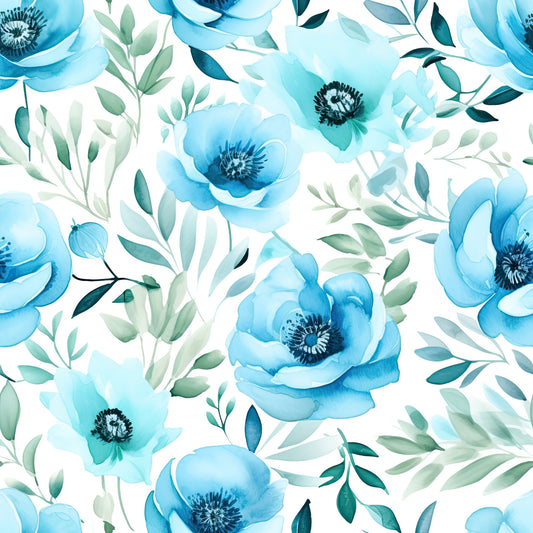 Turquoise Watercolor Flower Pattern 8 Quilting Cotton Fabric