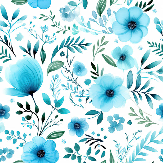 Turquoise Watercolor Flower Pattern 9 Quilting Cotton Fabric
