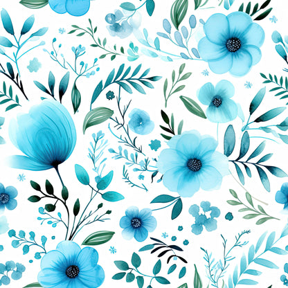Turquoise Watercolor Flower Pattern 9 Quilting Cotton Fabric