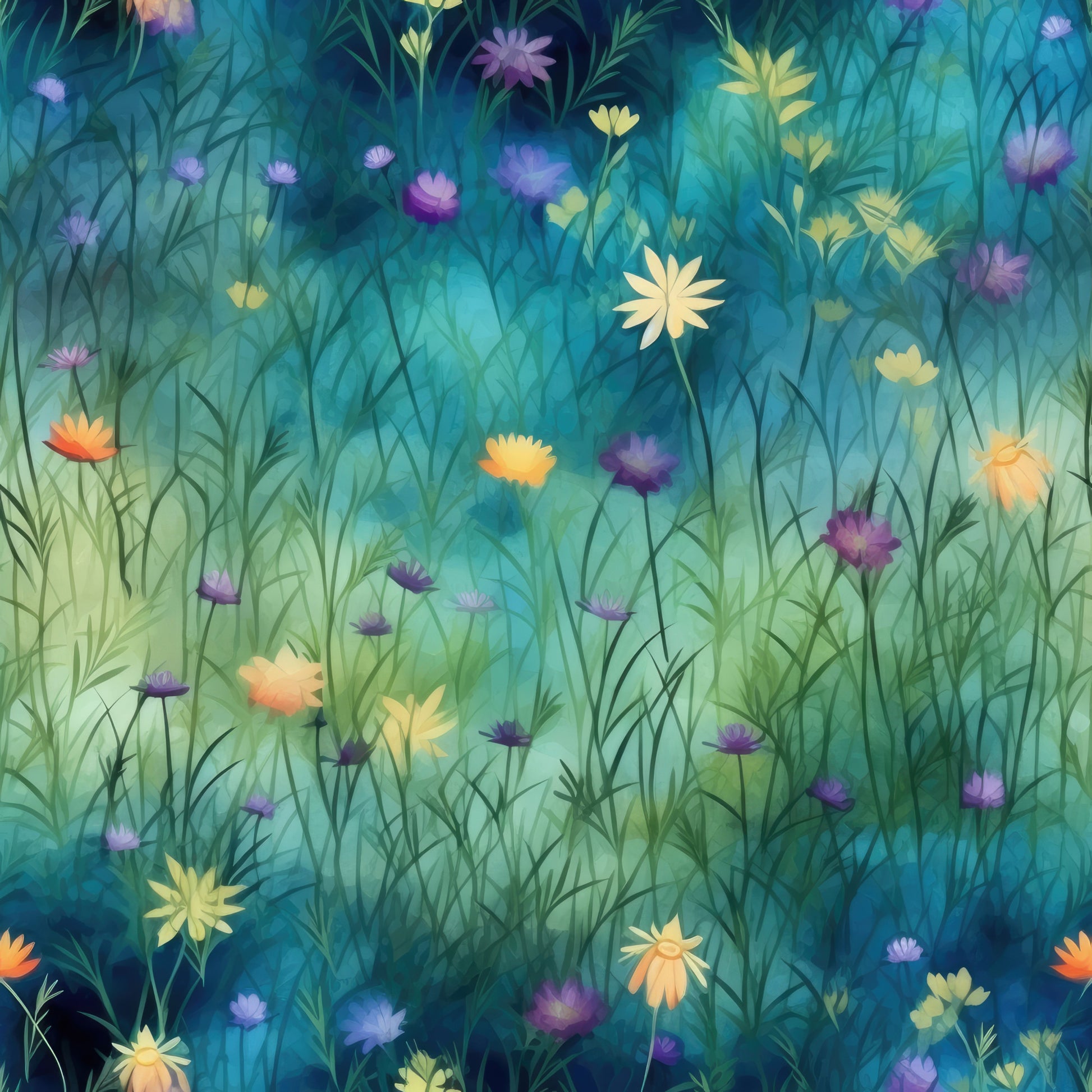 teal, turquoise, purple, orange, yellow, green, wildflowers, meadow, grass, floral pattern, botanical design, nature scene, dreamy atmosphere, twilight colors, quilting cotton, fabric panel, whimsical style, soft gradients, field flowers, artistic blooms