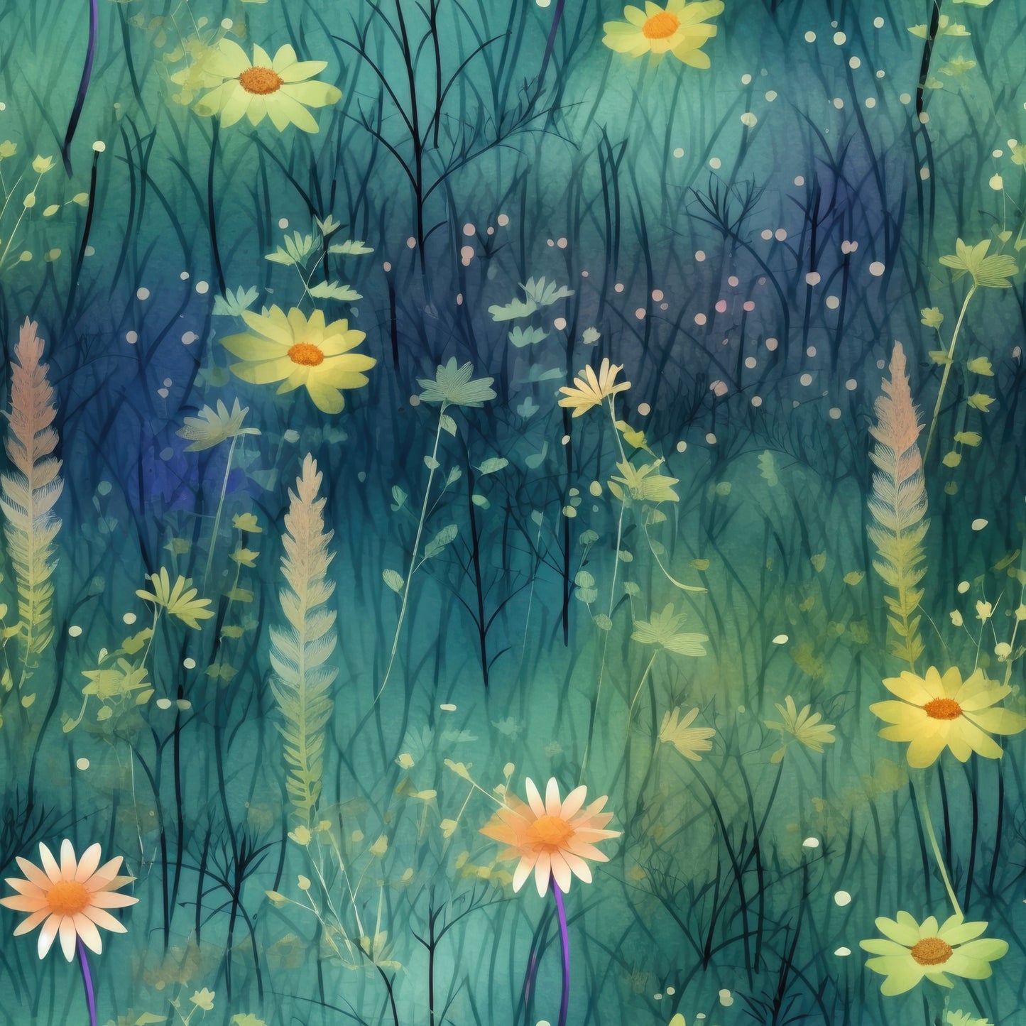teal, turquoise, yellow, peach, coral, wildflowers, daisies, wheat stalks, grass silhouettes, meadow scene, botanical print, nature motif, twilight colors, whimsical florals, scattered dots, layered design, quilting cotton, fabric panel, dreamy atmosphere, soft watercolor style