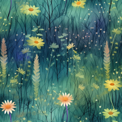 teal, turquoise, yellow, peach, coral, wildflowers, daisies, wheat stalks, grass silhouettes, meadow scene, botanical print, nature motif, twilight colors, whimsical florals, scattered dots, layered design, quilting cotton, fabric panel, dreamy atmosphere, soft watercolor style