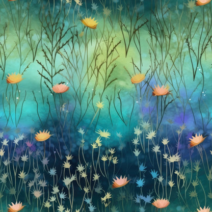 twilight meadow, teal blue, sage green, coral pink, golden yellow, watercolor flowers, botanical pattern, dreamy atmosphere, nature scene, wildflowers, gradient background, soft pastels, quilting cotton, fabric panel, whimsical florals, evening garden, artistic blooms, peaceful mood, meadow grass, floral silhouettes