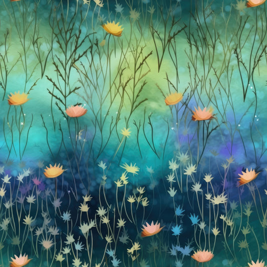 twilight meadow, teal blue, sage green, coral pink, golden yellow, watercolor flowers, botanical pattern, dreamy atmosphere, nature scene, wildflowers, gradient background, soft pastels, quilting cotton, fabric panel, whimsical florals, evening garden, artistic blooms, peaceful mood, meadow grass, floral silhouettes