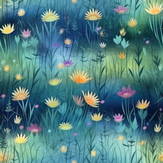 twilight blue, aqua green, yellow flowers, purple blooms, wildflower meadow, daisy blossoms, botanical pattern, dreamy atmosphere, gradient background, quilting cotton, fabric panel, nature scene, floral design, watercolor style, evening light, garden flowers, soft petals, organic shapes, whimsical florals