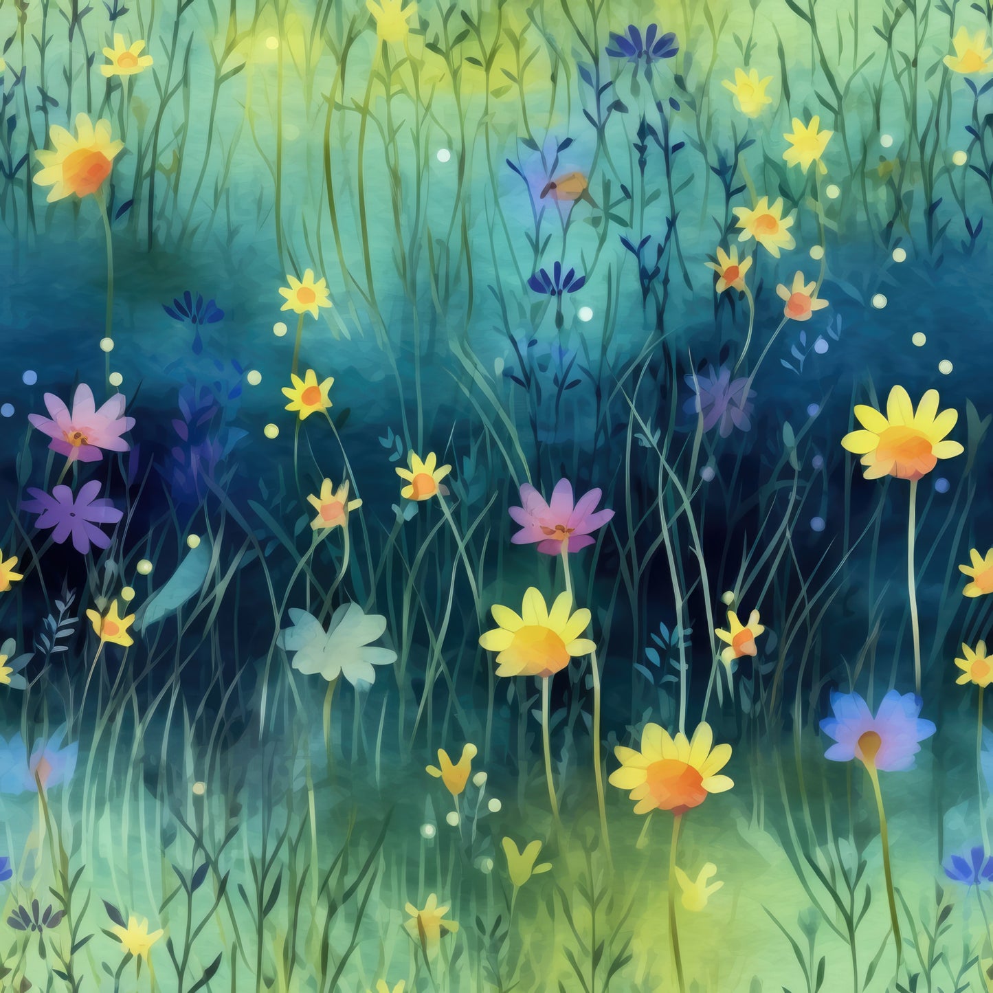 twilight meadow, wildflowers, yellow daisies, purple flowers, blue blossoms, green grass, teal background, gradient colors, nature scene, botanical design, floral pattern, dreamy atmosphere, ethereal mood, quilting cotton, fabric panel, spring flowers, meadow grass, soft lighting, whimsical style, pastoral scene